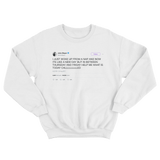 John Mayer what day is it today tweet on a white crewneck sweater from Tee Tweets