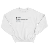 Nipsey Hussle don't let money make you dizzy tweet on a white crewneck sweater from Tee Tweets